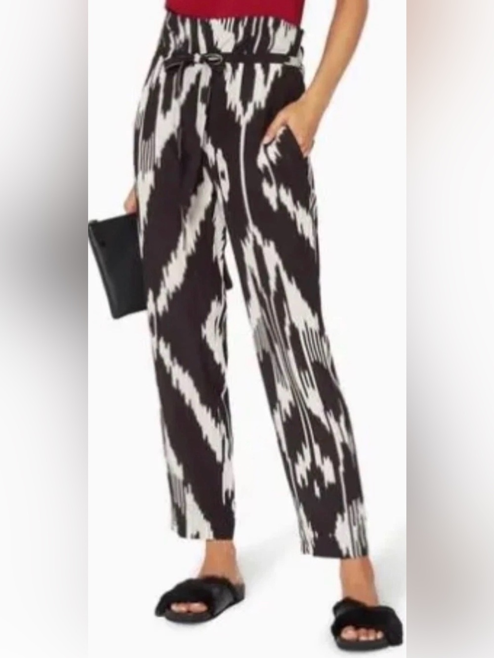 Theory Gunilla Interlace Ikat Print Silk Paperbag Pants Black/White 4 Pre-onwed